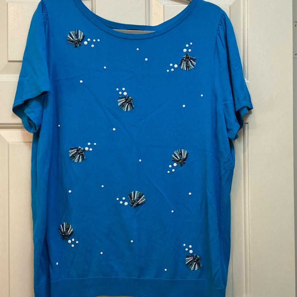 NWOT TALBOTS Embellished and Beaded Teal Blue Women's Short Sleeve Top